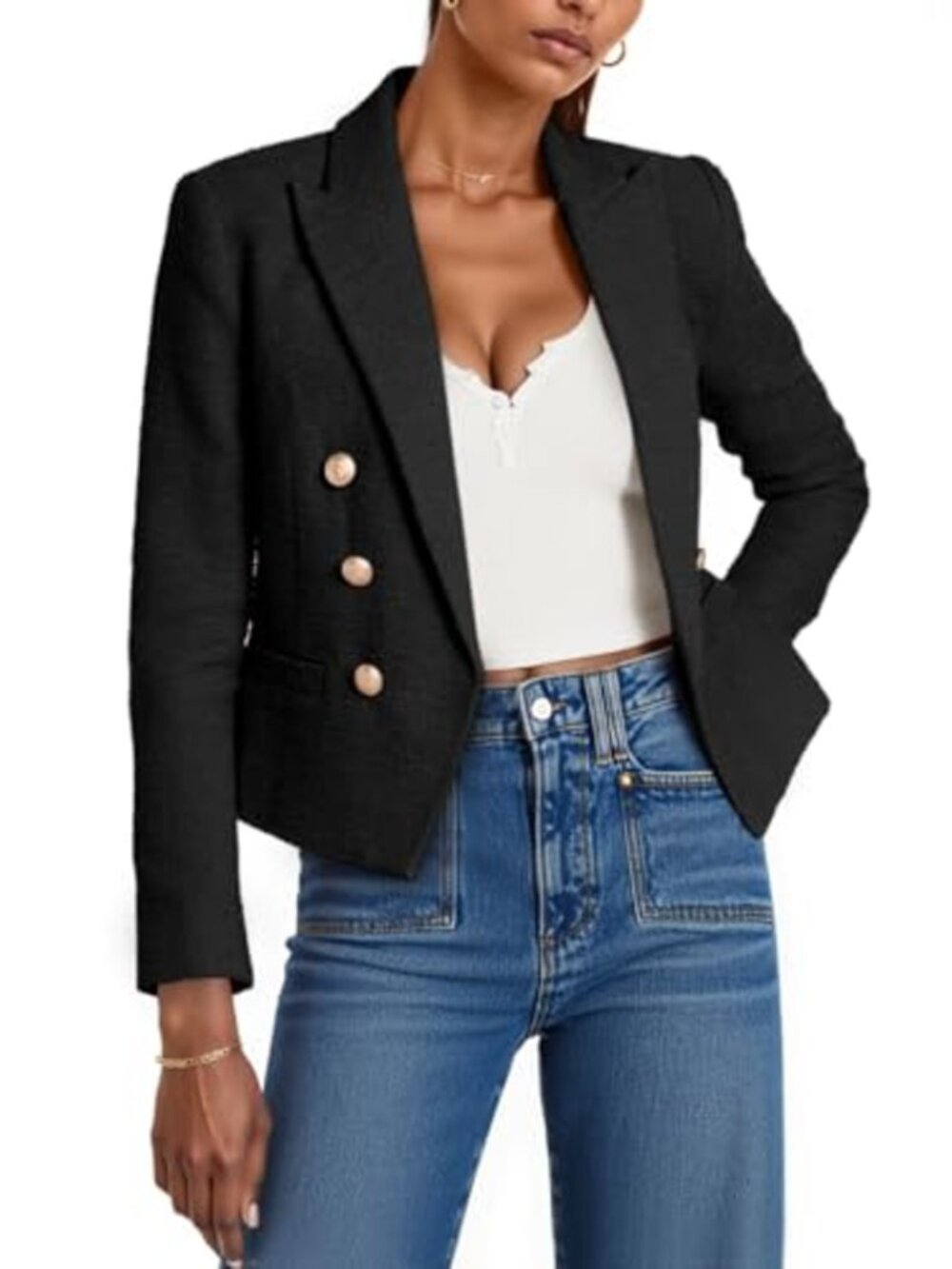 Cropped Tweed Blazer Jacket Lapel Open Front Long Sleeve Business Suit with